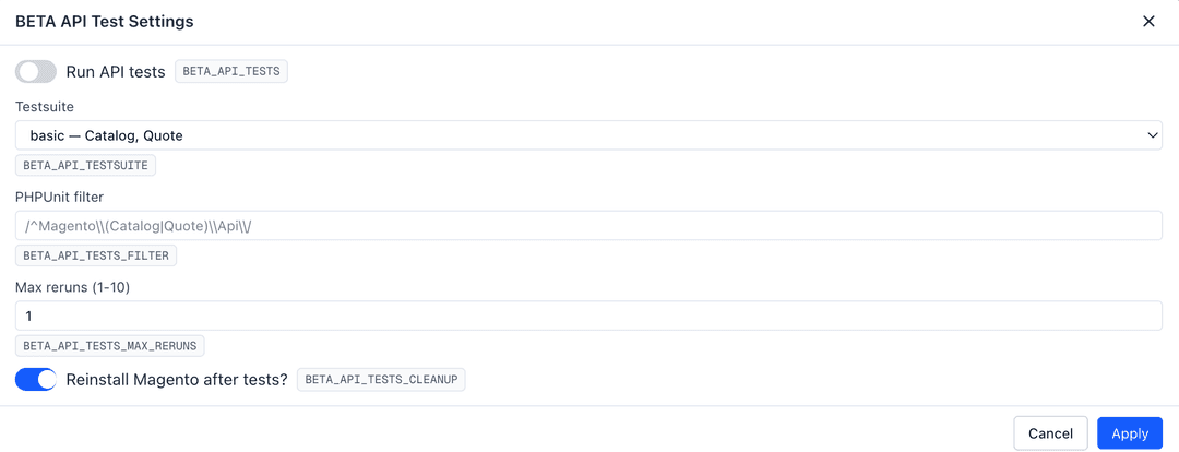 API test configuration overview